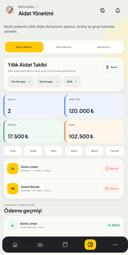 Aidat yönetimi ekranı: yıllık aidat takibi ve ödeme geçmişi