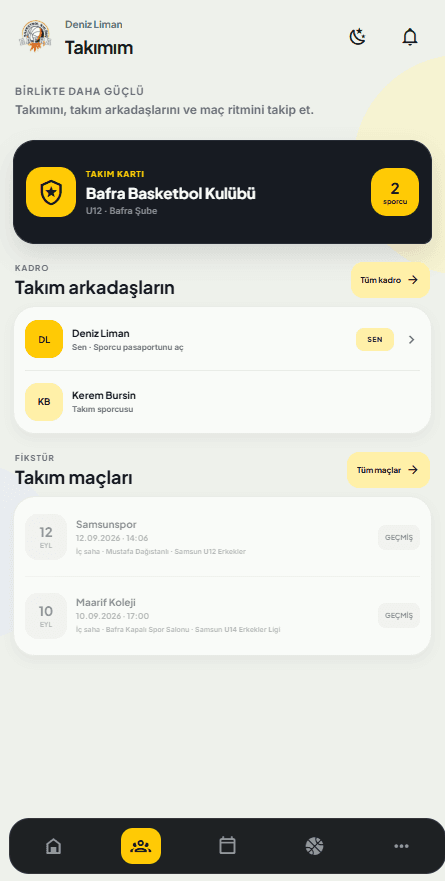 Sporcu uygulaması takım ekranı: takım kartı, takım arkadaşları ve takım maçları
